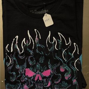 Black T-Shirt with Colorful Skull and Flames